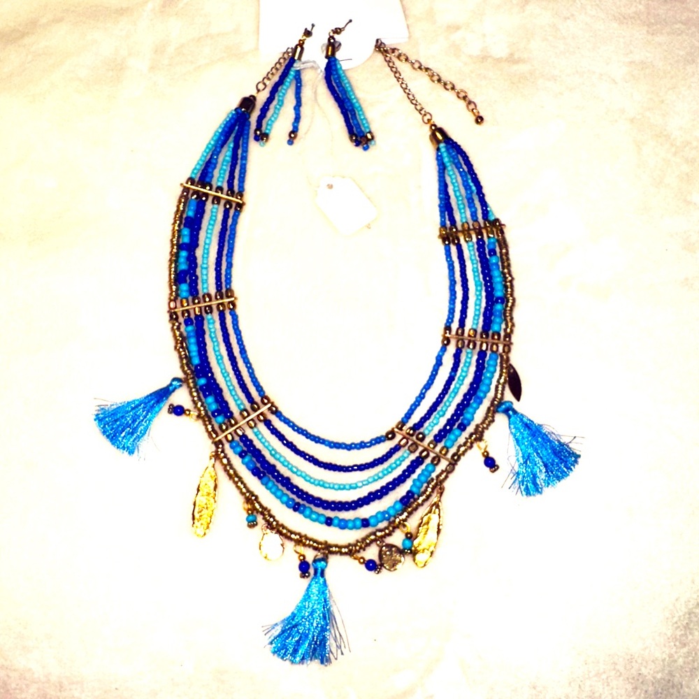 Blue and Gold Beaded Necklace Set